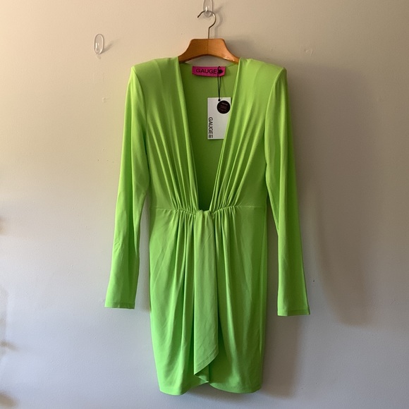 NWT Gauge81 Lime Green Plunge Draped Mini Dress w Strong Shoulder Size M - Picture 8 of 12